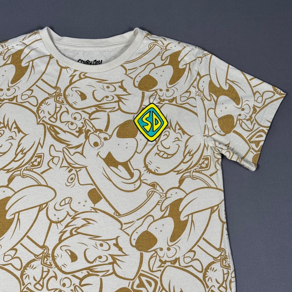 Scooby-Doo Shirt Women's L All Over Print Shaggy Graphic‎ Tee Cream